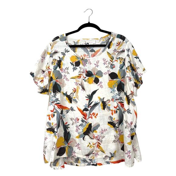 Cynthia Rowley Tops - Cynthia Rowley Womens 1X White Multi Floral 100% Linen Short Sleeve Blouse NEW